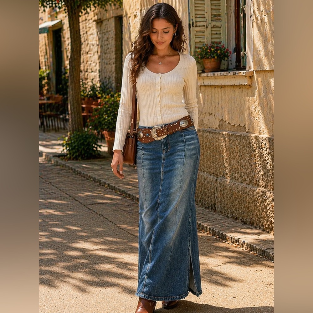 Vintage 90s Style Denim Midi Skirt Blue Wash Size 7 Flared